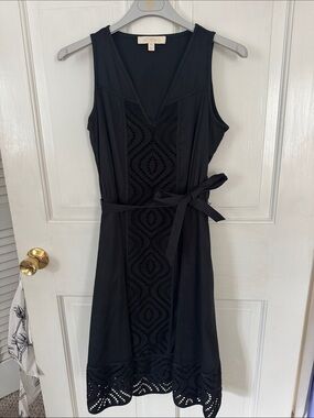 Etcetera Black Sleeveless V-Neck Tie-Waist Dress with Eyelet Panels
